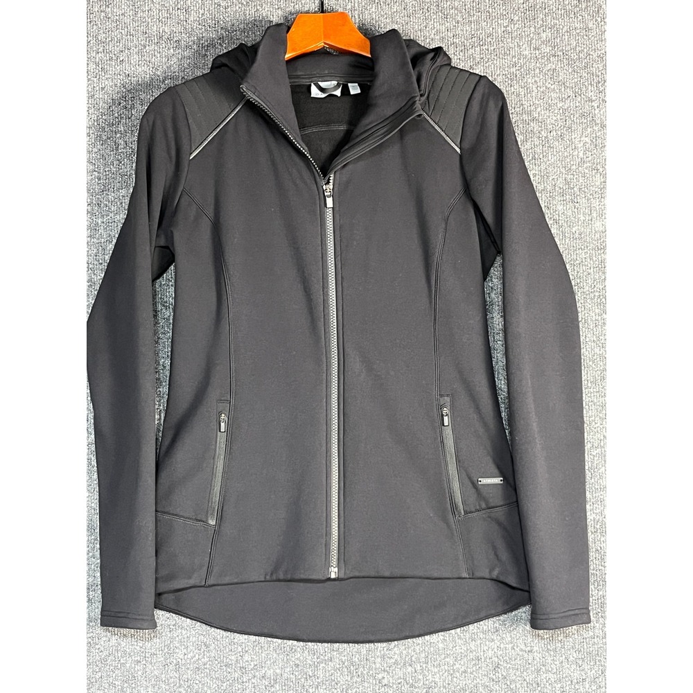 Athleta Womens Black Full Zip Hooded Jacket Reflective Trim Thumbhole Cuff Sz M - Picture 3 of 14